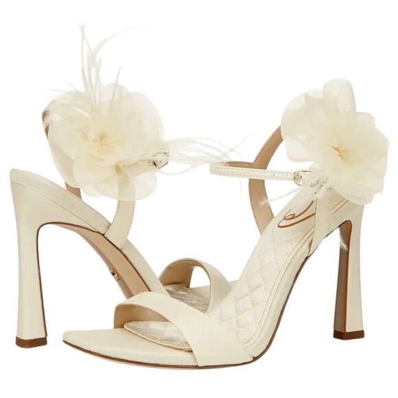 SAM EDELMAN 9Leana Ankle Strap Sandal Feathered Floral square toe Slip on Heels - Picture 1 of 8